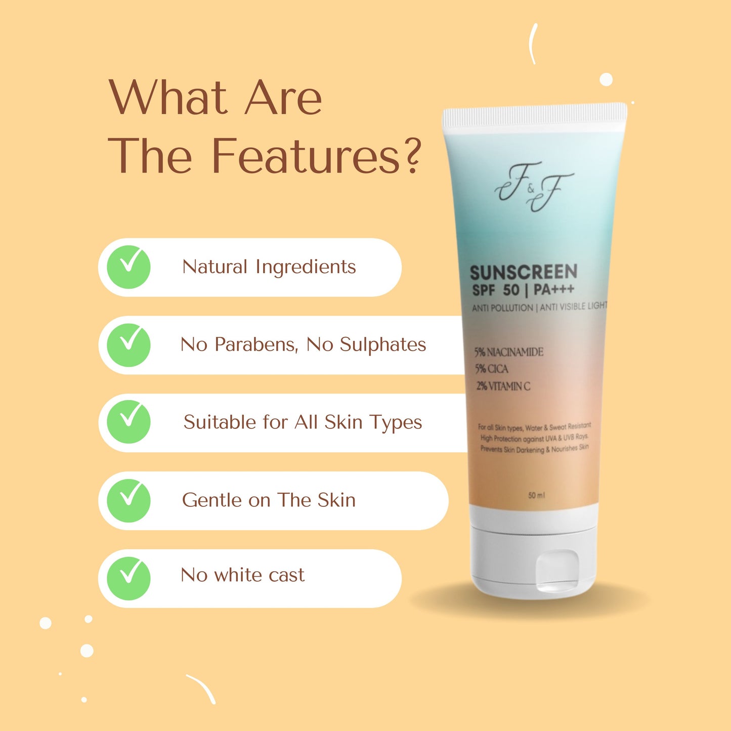 SPF 50 PA+++ ANTI POLLUTION, ANTI VISIBLE LIGHT SUNSCREEN WITH NIACINAMIDE, CICA AND VITAMIN C